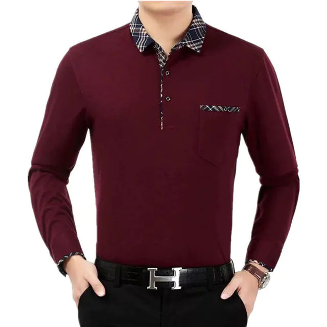 Men's Casual Long Sleeve Cotton Polo T-Shirt with Pocket