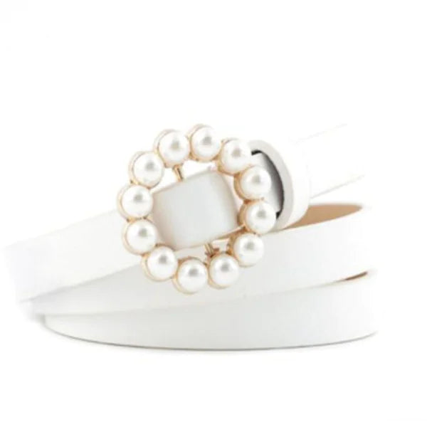 Faux Leather Pearl Belt with Decorative Buckle