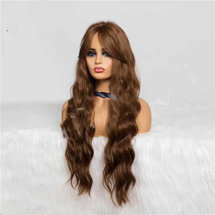 Long Wavy Brown Wig with Bangs for Cosplay Parties