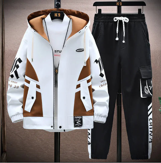 Men's Patchwork Hooded Jacket and Tracksuit Set