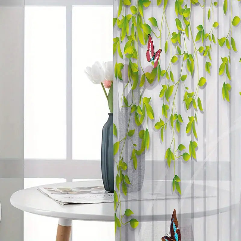 Butterfly Green Leaf Semi-Sheer Curtain with Rod Pocket