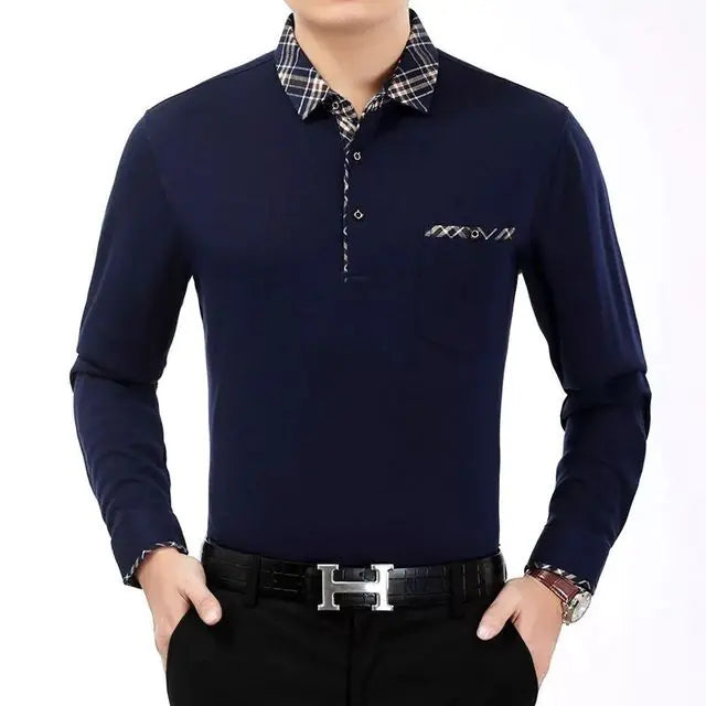 Men's Casual Long Sleeve Cotton Polo T-Shirt with Pocket