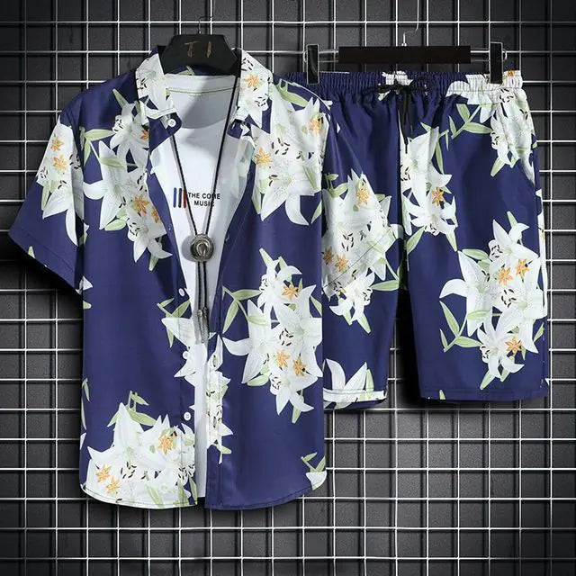 Men's 3D Printed Retro Ethnic Beach Shirt Set