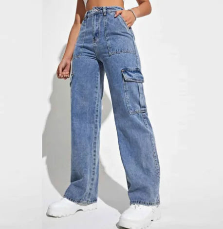 High Waist Wide Leg Women's Jeans with Pockets (One Piece)