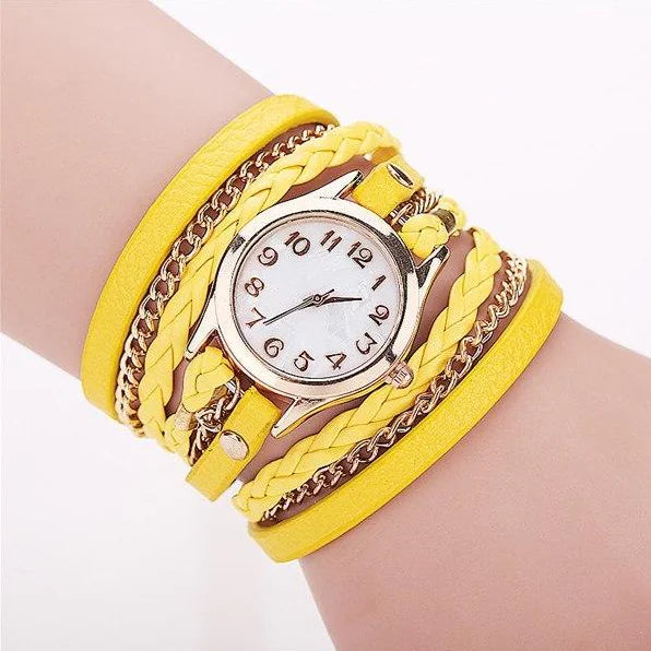 PU Leather Woven Bracelet Watch with Quartz Chain
