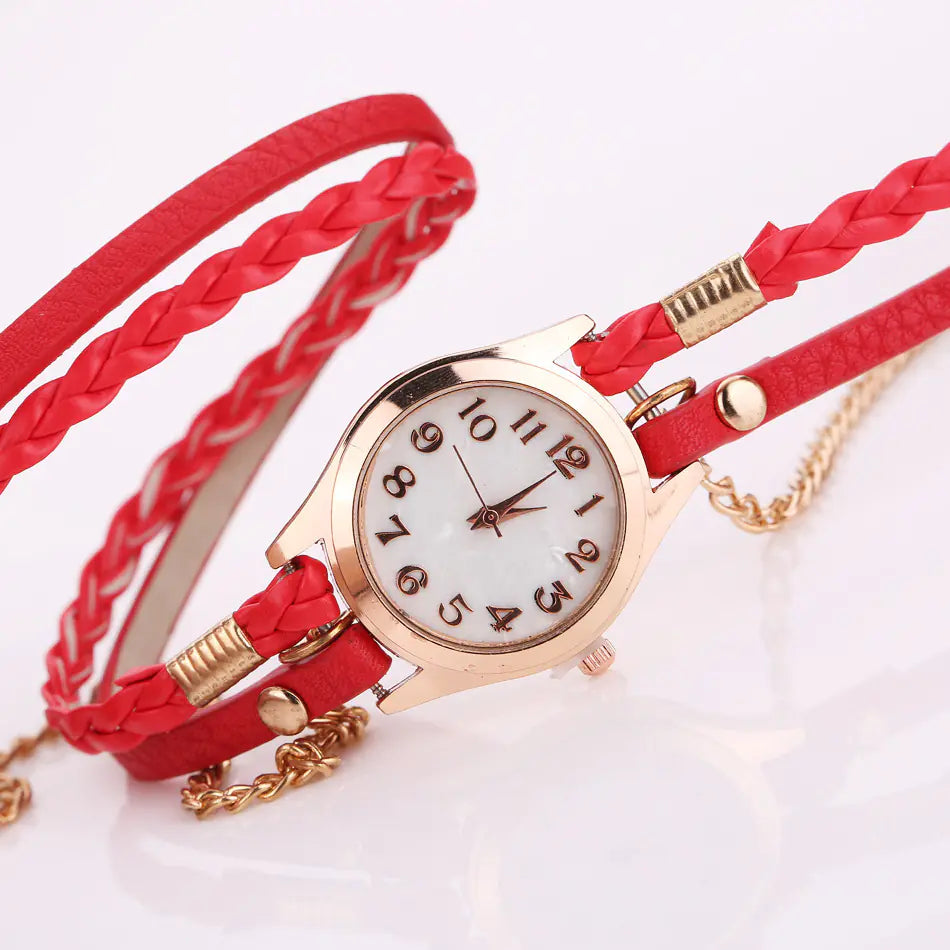 PU Leather Woven Bracelet Watch with Quartz Chain