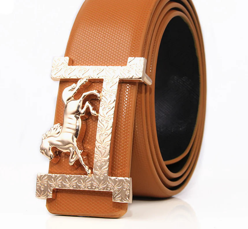 H Leather Belt with Gold Buckle for Men and Women