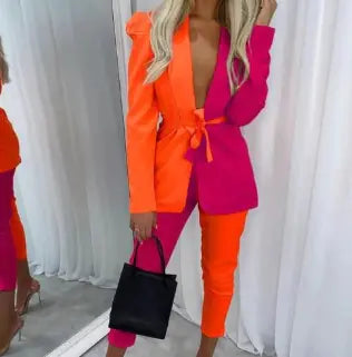 Women's Blazer and Pants Set with Color Contrast (One Set)