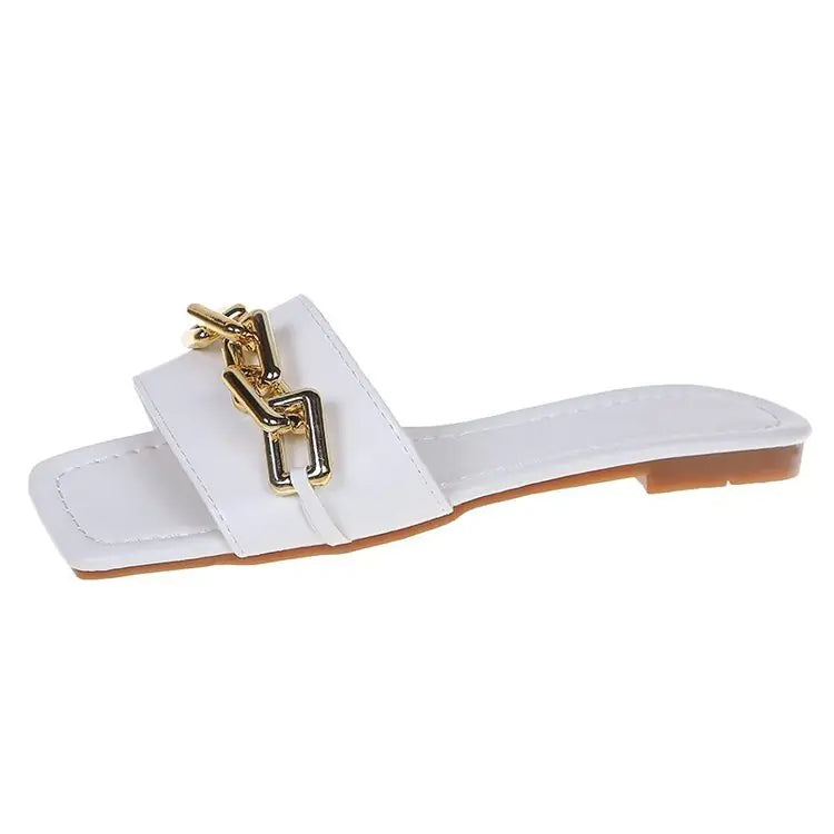 Large Chain Square Toe Women's Flat Shoes