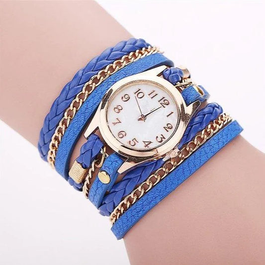 PU Leather Woven Bracelet Watch with Quartz Chain