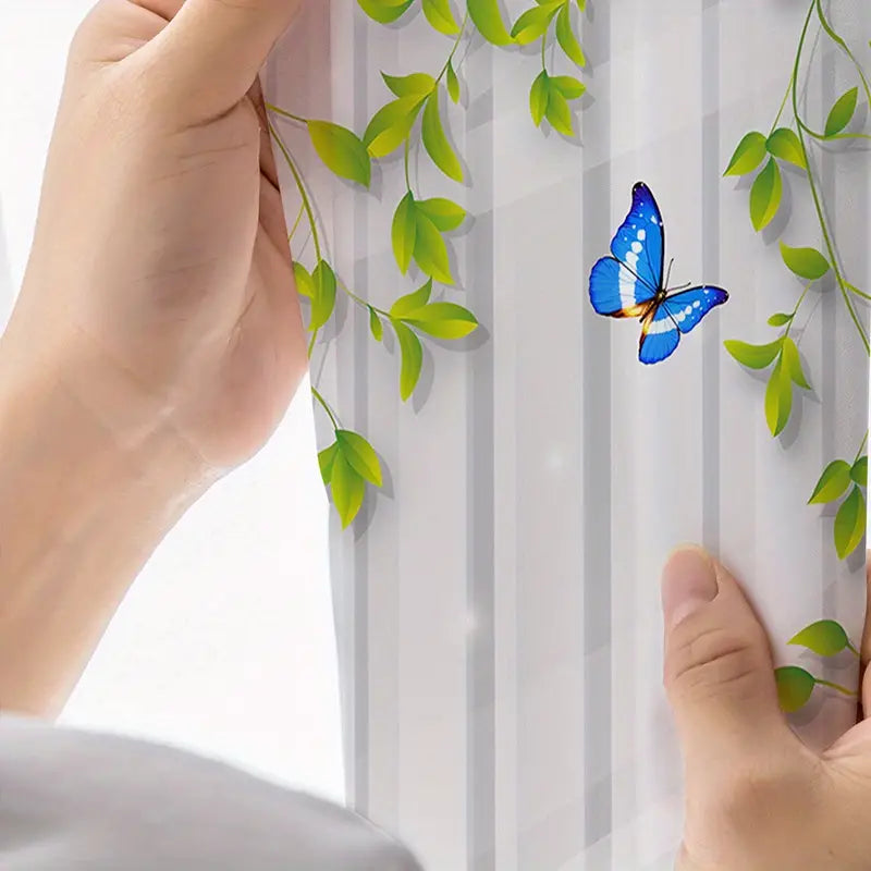 Butterfly Green Leaf Semi-Sheer Curtain with Rod Pocket