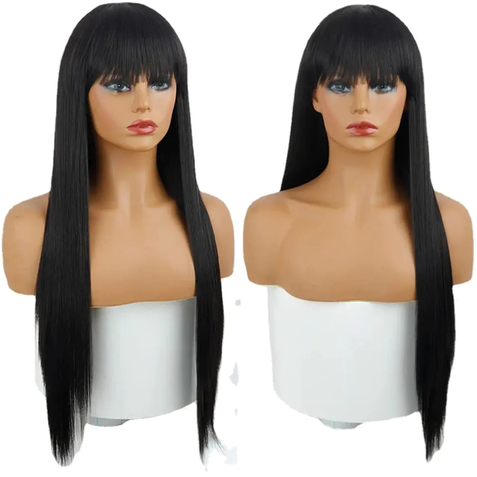 Natural Long Straight Black Wig with Air Bangs for Women