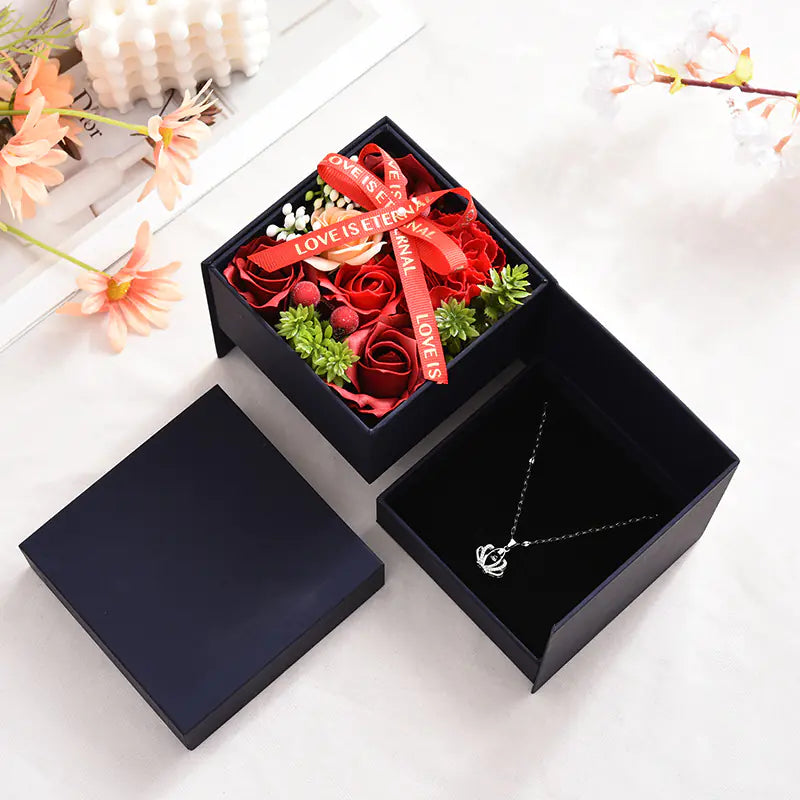 Rotating Double-layer Rose Jewelry Gift Box with Preserved Flowers