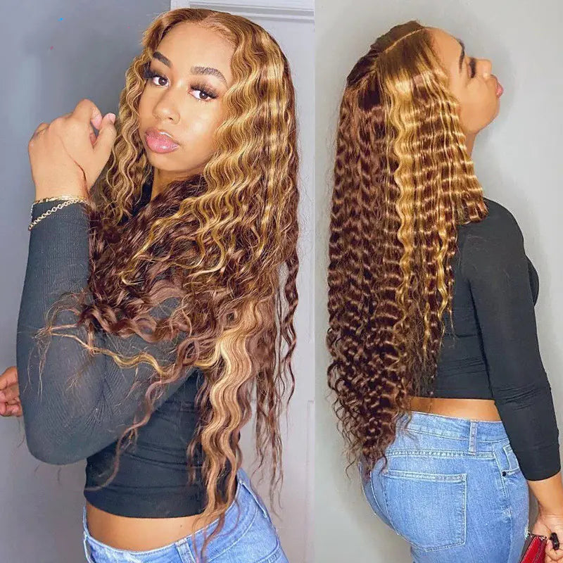 Piano-Color Natural Curly Deep Wave Lace Wig