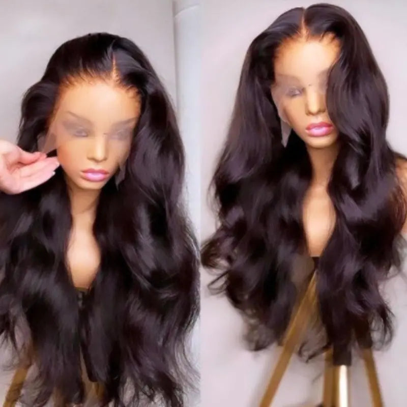 Women's Long Curly Black Wig with Rose Mesh Design