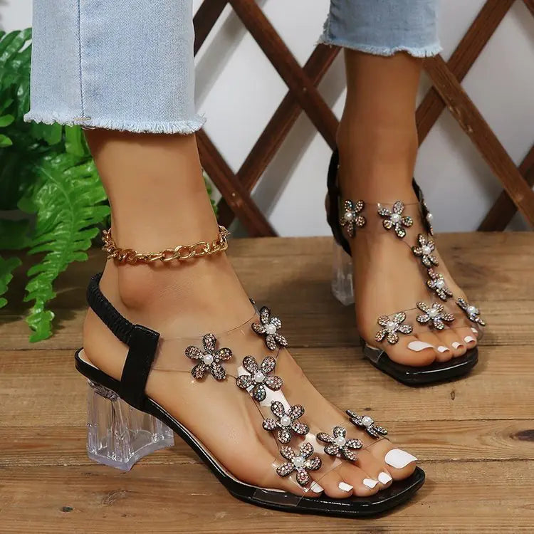 Women's High-Heeled Slip-On Sandals with Rhinestones